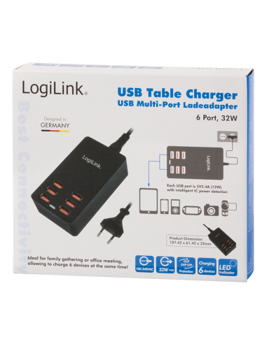 Cargador de mesa USB, 6 puertos USB, 32 W