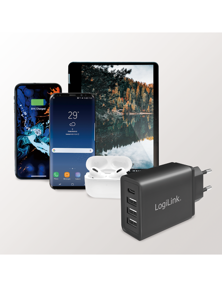 Adaptador de enchufe, 1 puerto USB-C y 3 puertos USB-A, 27 W