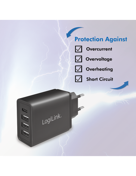 Adaptador de enchufe, 1 puerto USB-C y 3 puertos USB-A, 27 W