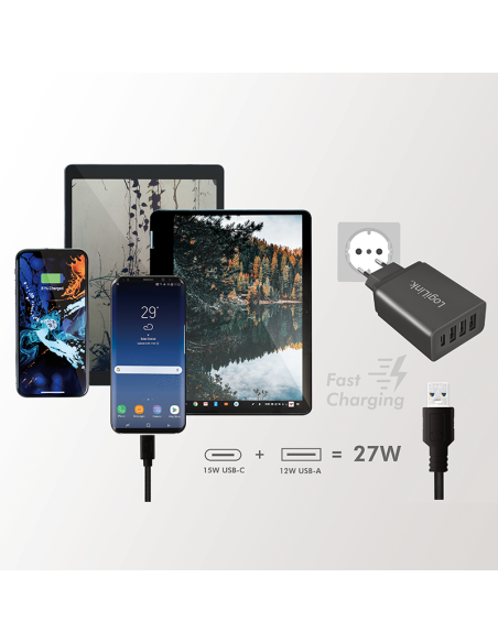Adaptador de enchufe, 1 puerto USB-C y 3 puertos USB-A, 27 W