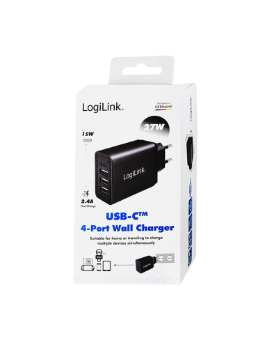 Adaptador de enchufe, 1 puerto USB-C y 3 puertos USB-A, 27 W