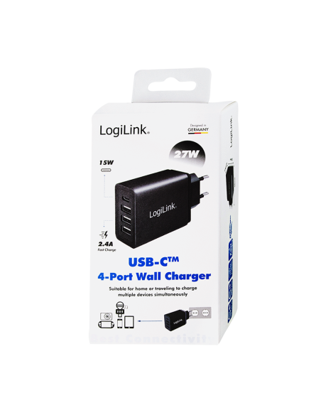 Adaptador de enchufe, 1 puerto USB-C y 3 puertos USB-A, 27 W