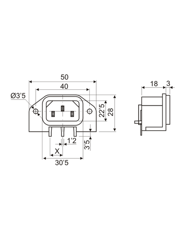 Base conexión macho IEC 320 para circuito impreso.