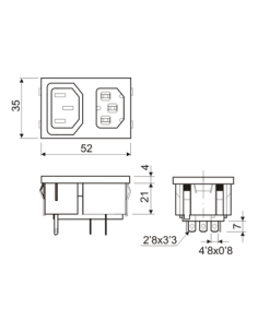 Base de conexión IEC 320 doble empotrable, macho - hembra 2