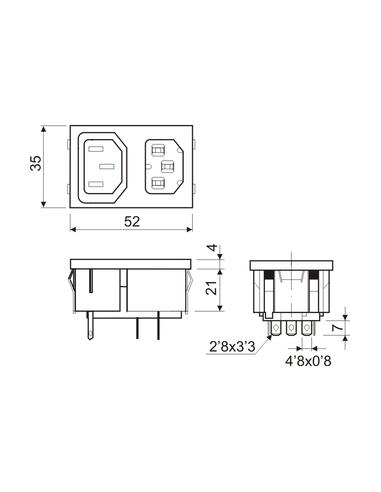 Base de conexión IEC 320 doble empotrable, macho - hembra