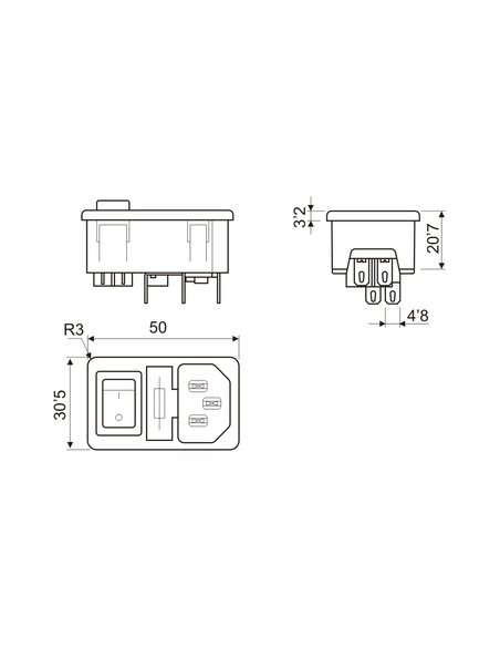 Base de conexión IEC 320 empotrable con fusible e interruptor