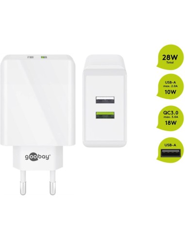 Cargador rápido USB dual USB/QC3.0 (28 W), blanco