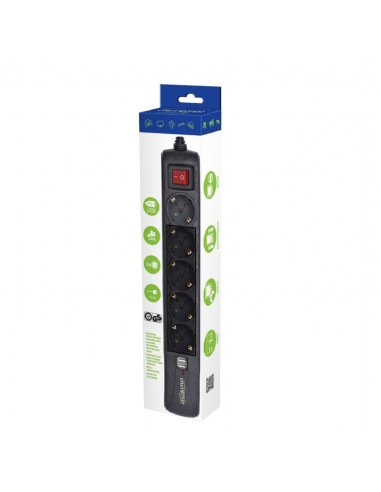 Regleta con cargador USB, 5 enchufes, 1,5 m, USB 2A, negro