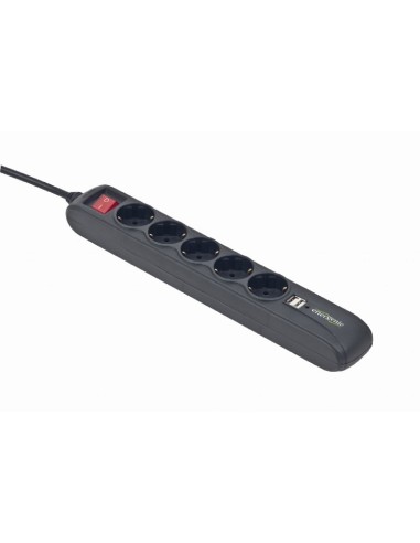 Regleta con cargador USB, 5 enchufes, 1,5 m, USB 2A, negro