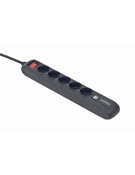 Regleta con cargador USB, 5 enchufes, 1,5 m, USB 2A, negro