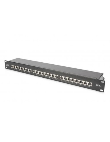 Patch Panel 19" Cat6A, apantallado1U, 24-port, 8P8C, negro.