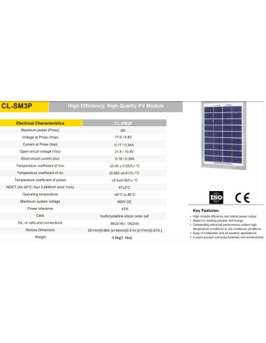 PLACA SOLAR SILICIO POLICRISTALINO 251x140x17mm 3W 12V 170mA