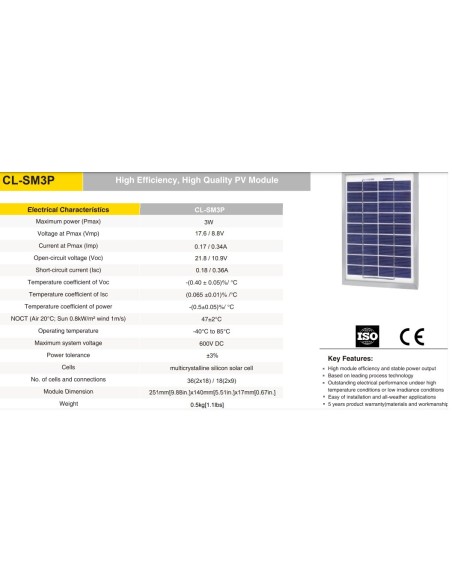 PLACA SOLAR SILICIO POLICRISTALINO 251x140x17mm 3W 12V 170mA