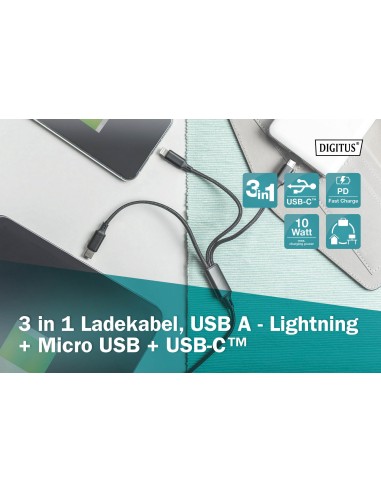 Cable de carga 3 en 1, USB-A - Lightning + Micro USB + USB-C