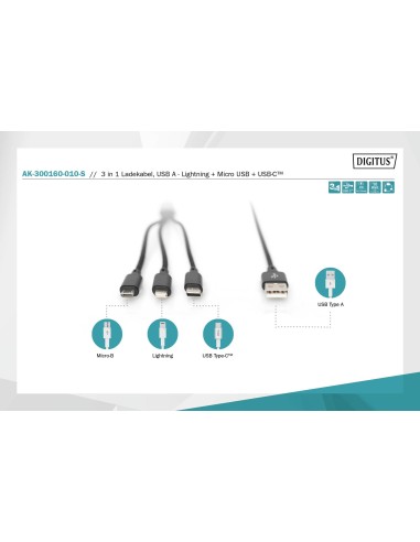 Cable de carga 3 en 1, USB-A - Lightning + Micro USB + USB-C