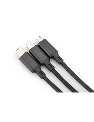 Cable de carga 3 en 1, USB-A - Lightning + Micro USB + USB-C