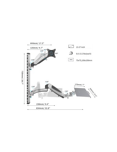 Soporte monitor y teclado LCD/LED max. 8kg, VESA 100x100