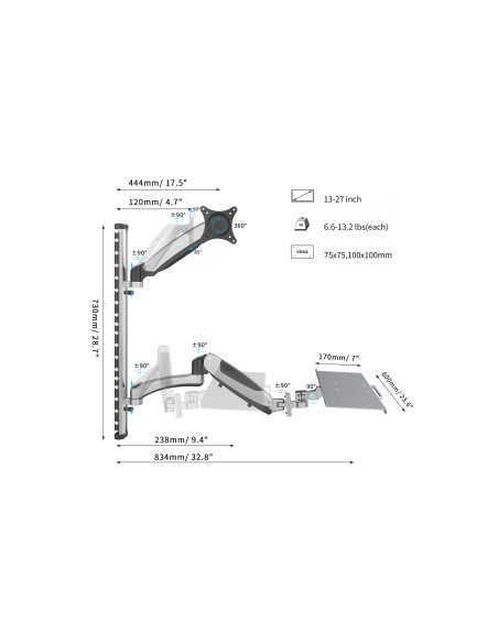 Soporte monitor y teclado LCD/LED max. 8kg, VESA 100x100