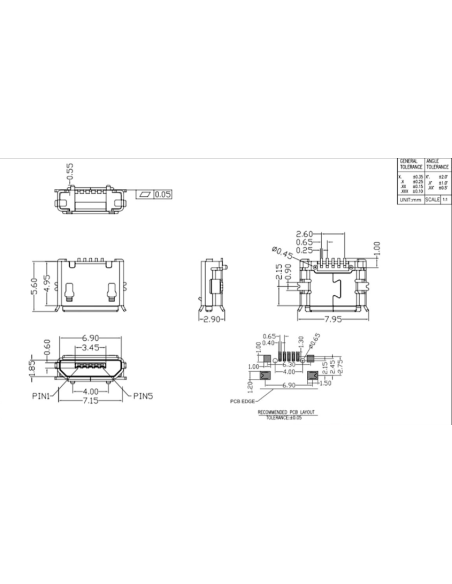 CONECTOR MICRO USB B DE 5P PARA CIRCUITO IMPRESO