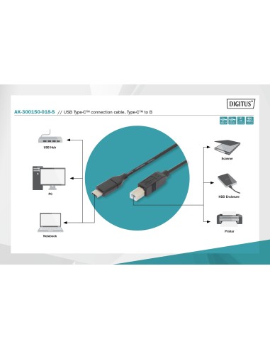 Cable de conexión USB Type-C™, Type-C™ a B, 1.8 mts.