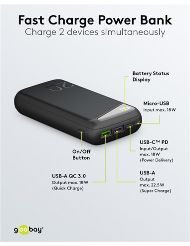 Batería externa de carga rápida de 20 000 mAh (USB-C™ PD, QC 3.0)