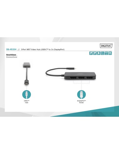 Hub de vídeo MST de 3 puertos USB-C a 3x DisplayPort