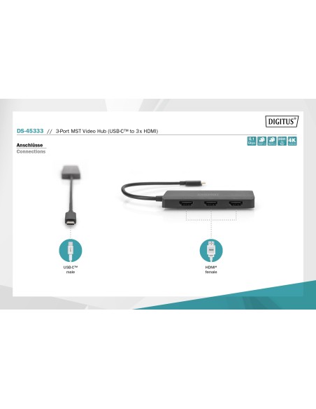 Hub de vídeo MST de 3 puertos USB-C a 3x HDMI