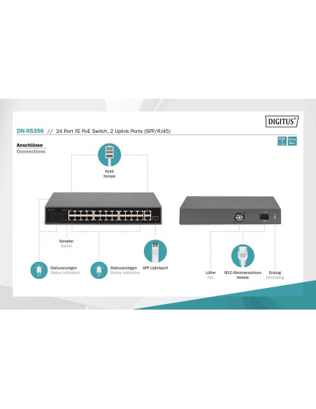 Conmutador FE PoE de 24 puertos, 2 puertos Uplink (SFP/RJ45)