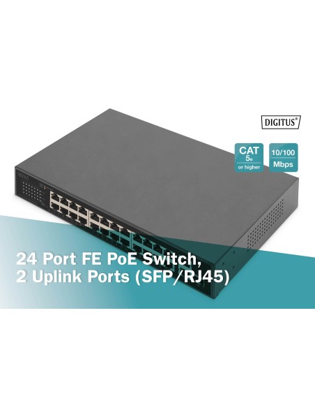 Conmutador FE PoE de 24 puertos, 2 puertos Uplink (SFP/RJ45)