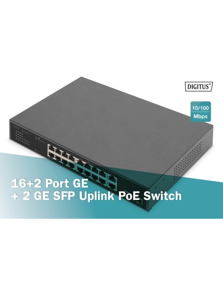 Conmutador 16+2 puertos 10/100/1000 Mbps + 2 Gigabit SFP PoE