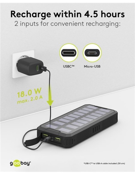 Power bank de carga rápida para exteriores con energía solar 20.000 mAh (USB C™ PD, QC 3.0)