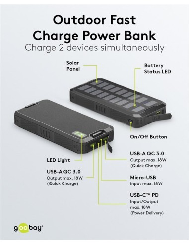 Power bank de carga rápida para exteriores con energía solar 20.000 mAh (USB C™ PD, QC 3.0)