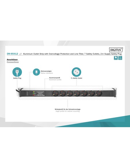 ta de enchufes con perfil de aluminio, toma de alimentación con 8 tomas de tierra, enchufe de seguridad con cable de 2 m