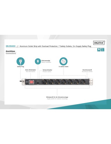 Regleta de enchufes, protección de sobrecarga, 7 tomas de tierra, 2 m