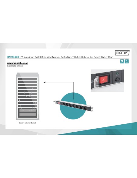 Regleta de enchufes, protección de sobrecarga, 7 tomas de tierra, 2 m