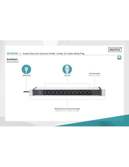 Regleta de 12 enchufes, cable de alimentación de 2 m contacto de puesta a tierra