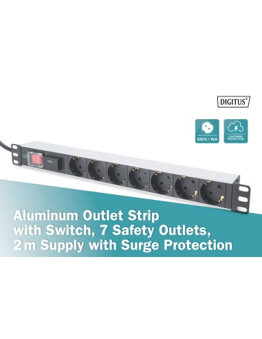 Regleta de 7 enchufes con perfil de aluminio y conmutadores, cable de 2 m con protección de sobretensión