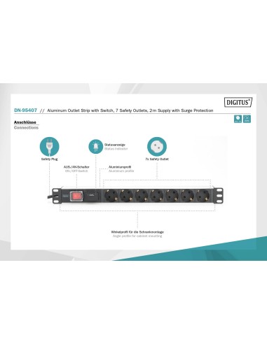 Regleta de 7 enchufes con perfil de aluminio y conmutadores, cable de 2 m con protección de sobretensión