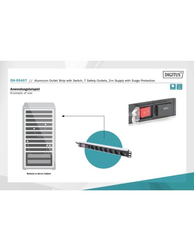 Regleta de 7 enchufes con perfil de aluminio y conmutadores, cable de 2 m con protección de sobretensión