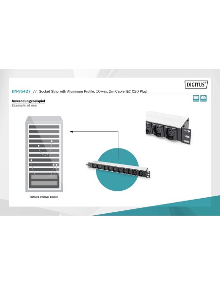 Regleta de enchufes con perfil de aluminio, 10 enchufes, cable de alimentación de 2 m, enchufes IEC C20