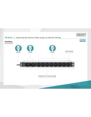 Regleta de enchufes con perfil de aluminio, 10 enchufes, cable de alimentación de 2 m, enchufes IEC C20