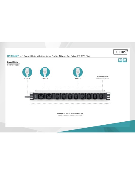 Regleta de enchufes con perfil de aluminio, 10 enchufes, cable de alimentación de 2 m, enchufes IEC C20