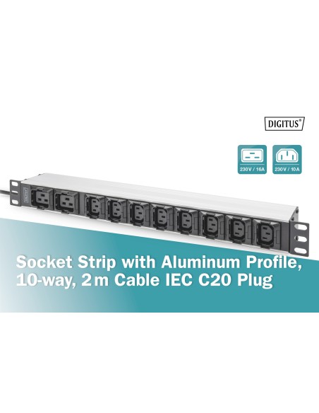 Regleta de enchufes con perfil de aluminio, 10 enchufes, cable de alimentación de 2 m, enchufes IEC C20