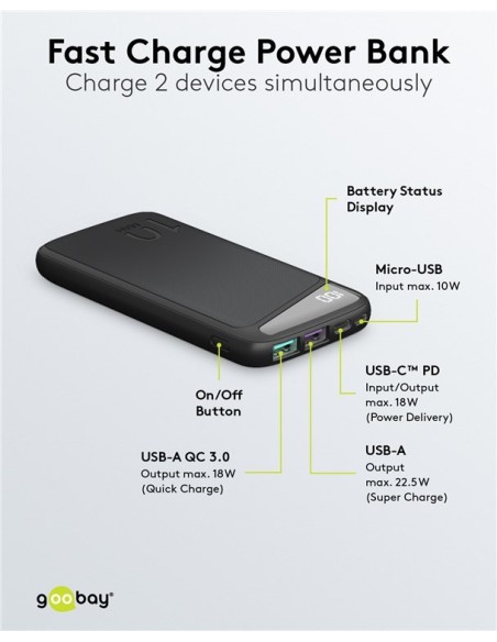 Batería externa de carga rápida de 10 000 mAh (USB-C™ PD, QC 3.0)