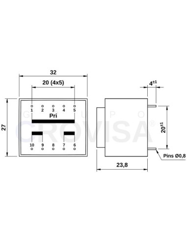 TRANSFORMADOR ENCAPSULADO PCB 2x24V 1.8VA 2x38mA