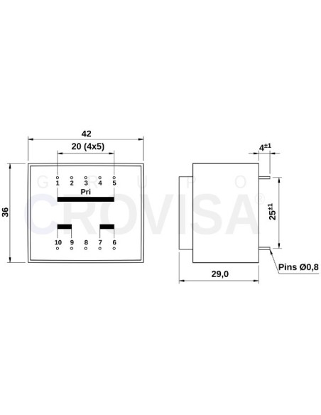 TRANSFORMADOR ENCAPSULADO PCB 2x6V 3.5VA 2x291mA
