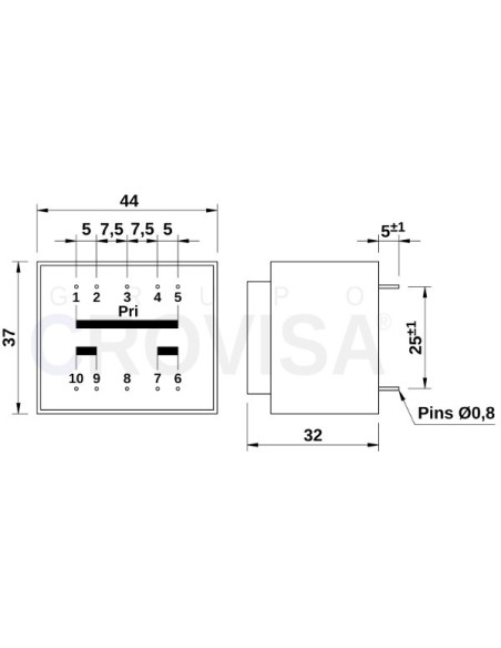 TRANSFORMADOR ENCAPSULADO PCB 2x9V 5VA 2x277mA