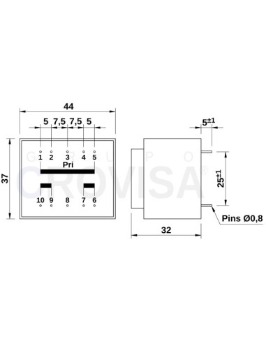 TRANSFORMADOR ENCAPSULADO PCB 2x24V 5VA 2x104mA