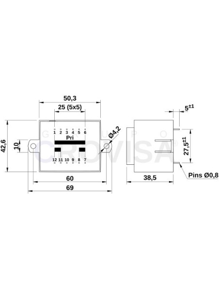 TRANSFORMADOR ENCAPSULADO PCB 2x18V 12VA 2x333mA