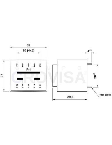 TRANSFORMADOR ENCAPSULADO PCB 2x9V 2.8VA 2x155mA